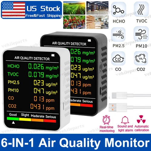 PM2.5 PM10 HCHO TVOC CO CO2 6 In 1 Air Quality Monitor Detector Indoor Home Car - Picture 1 of 17