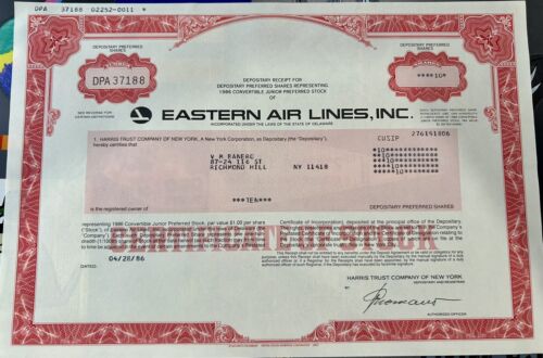 Vintage Aktienzertifikat: Eastern Air Lines, Inc Airline Aviation 1986 - Bild 1 von 1