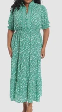 London Times Women's Green Floral-Print Tiered Maxi Dress Plus Size 18W