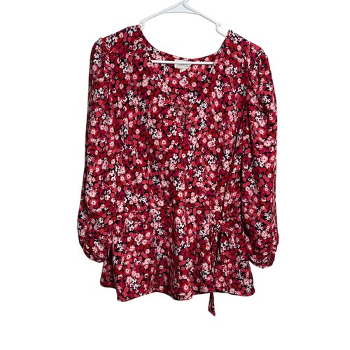 Meraki Blouse Women's XL Red Floral 3/4 Sleeve Wrap Tie Colorful Boho Top