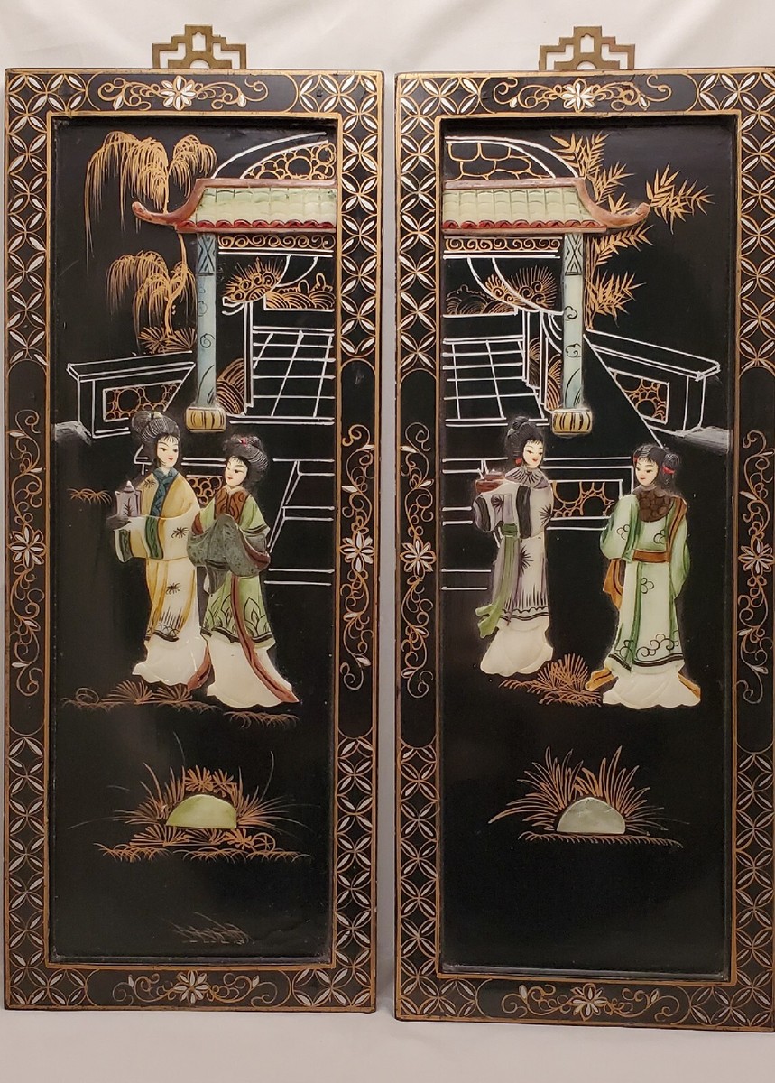 Antique Chinese Stone Black Lacquer 2 Panel Wall Art Decor | eBay