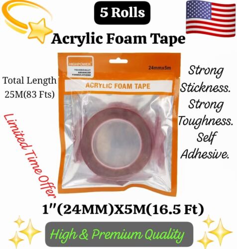 5 Roll 5M X 1" 24MM Acrylic Foam Double Sided Mounting Adhesive Tape VHB NANO 3M
