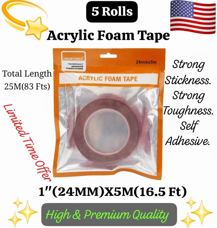 5 Roll 5M X 1" 24MM Acrylic Foam Double Sided Mounting Adhesive Tape VHB NANO 3M