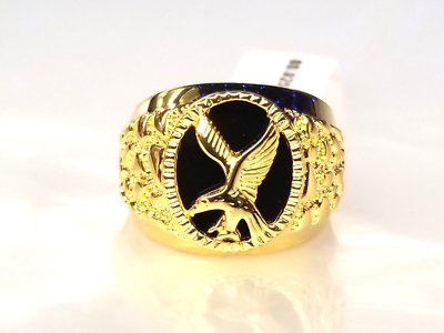 Men's Black Onyx & Gold Eagle Ring – 18k Gold Over Sterling Silver Nugget Style Oval Ring (Sizes 8-13)