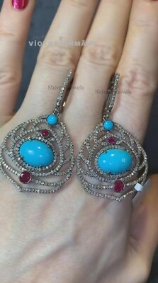 Turquoise Ruby Pave Diamond Earrings 925 Sterling Silver Dangle Jewelry