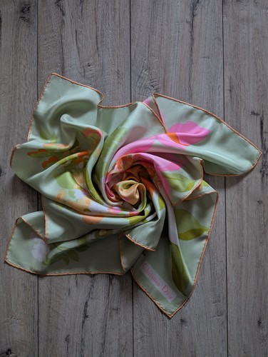 CHRISTIAN DIOR Vintage Silk Scarf green floral print - Picture 9 of 12