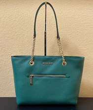 MICHAEL KORS JET SET ITEM MEDIUM FRONT POCKET CHAIN TOTE BAG PURSE JEWEL GREEN