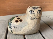 Vtg Hand Painted & Handmade Cat Burnished Pottery Tonala Mexico Folk Art