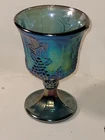 VINTAGE IRIDESCENT BLUE PURPLE CARNIVAL GLASS PEDESTAL GOBLET HARVEST GRAPE