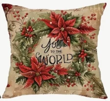 Pine Wreath Poinsettias Joy Christmas Throw Pillow Cover Holiday Home Decor 18”