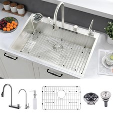 33x22 Drop In Kitchen Sink with Faucet - 16 Gauge Stainless Steel Waterfall S...