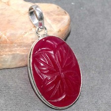Carved Natural Simulated Ruby Leaf 925 Silver Plated Pendant 1.9