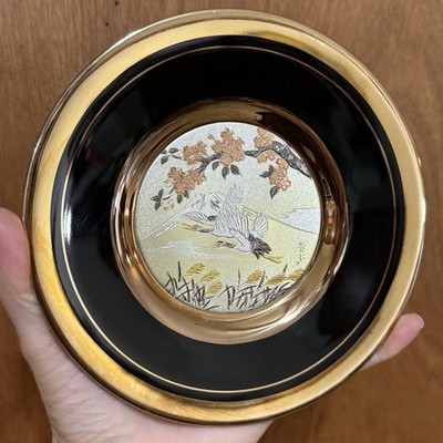 Vintage Japanese Chokin Plate Gold Silver Gilded Crane Mt. Fuji Cherry Blossom