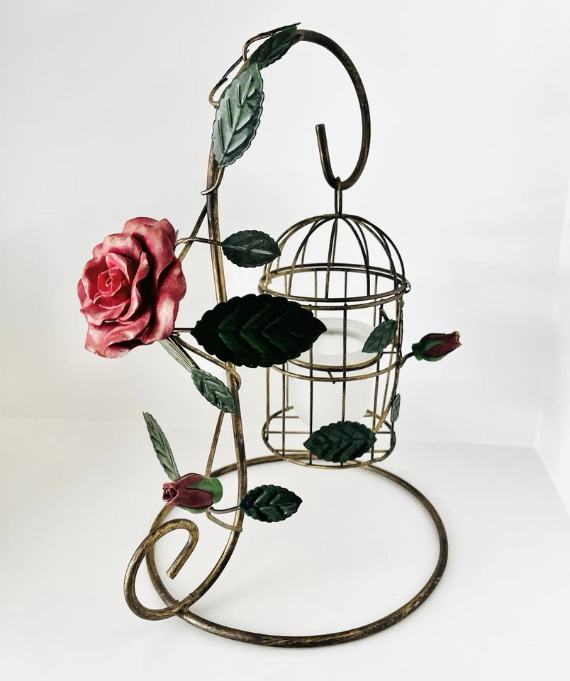 "Antiguo candelabro jaula de pájaros de hierro forjado, diseño de rosa de jardín, 12""" Foto 2 de 2