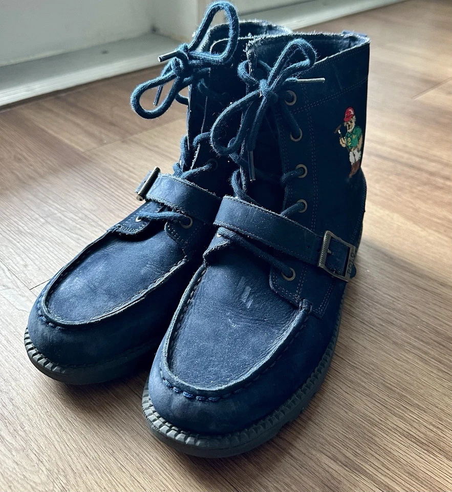 Polo Ralph Lauren Niños Botas Azul Marino Ranger Alto II Talla 5.5 Logo Oso Gamuza Foto 2 de 4