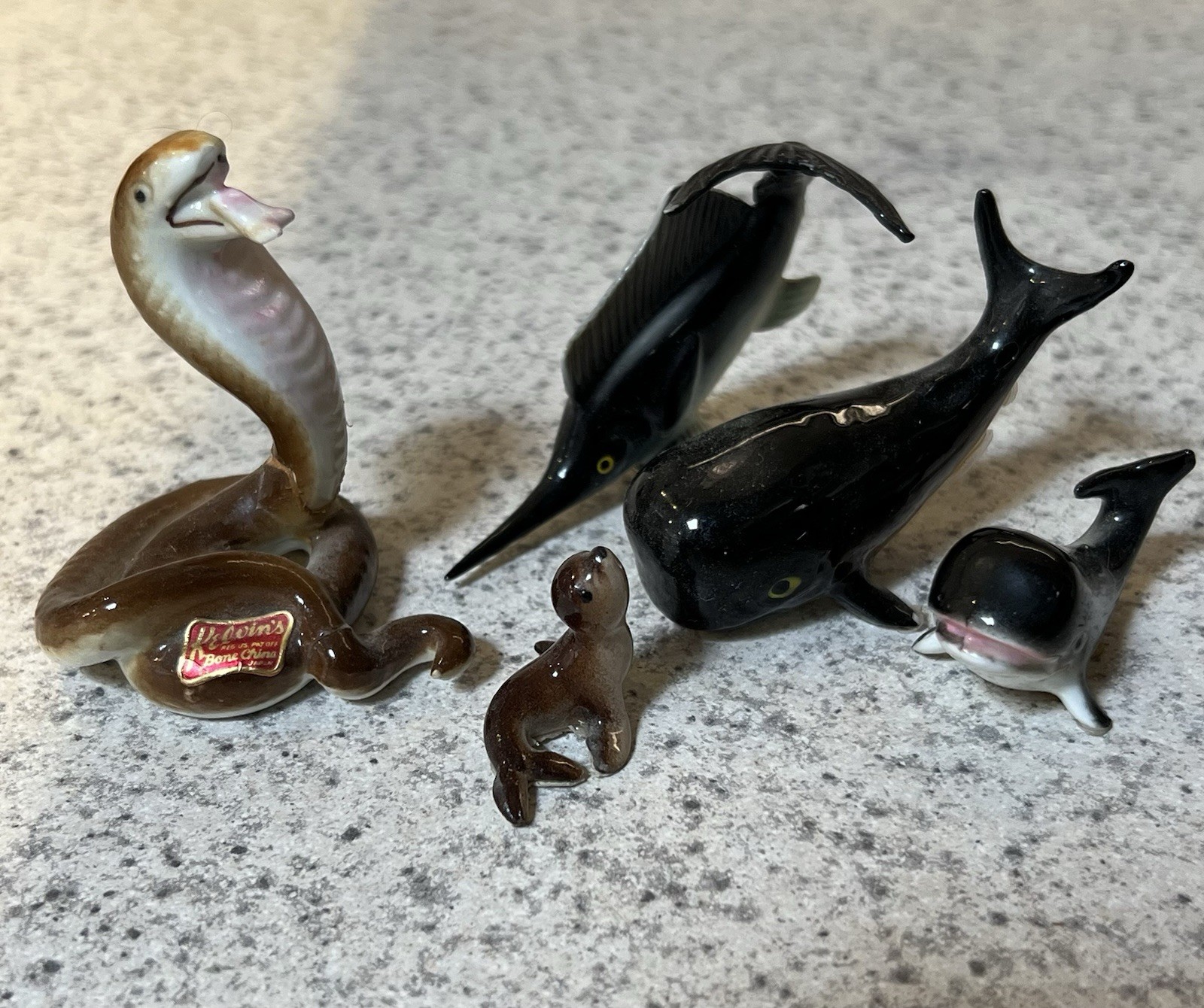 Lot of 5 Vintage 1960s Bone China Miniature Figurines Whale Seal Swordfish Snake