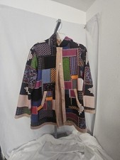 Faux Fur Lined Hooded Patchwork Print Ladies Jacket Sz XL Wood Buttons