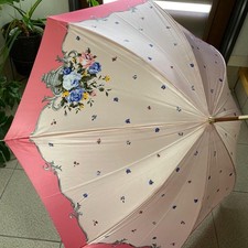 Christian Dior Floral Pink Long Umbrella Vintage Authentic Handled Wood