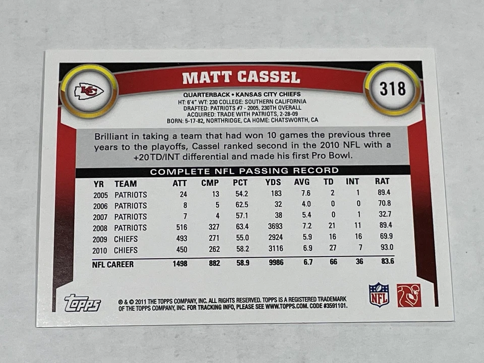 2011 Topps Football #318 - Matt Cassel - Kansas City Chiefs - Image 2 of 2