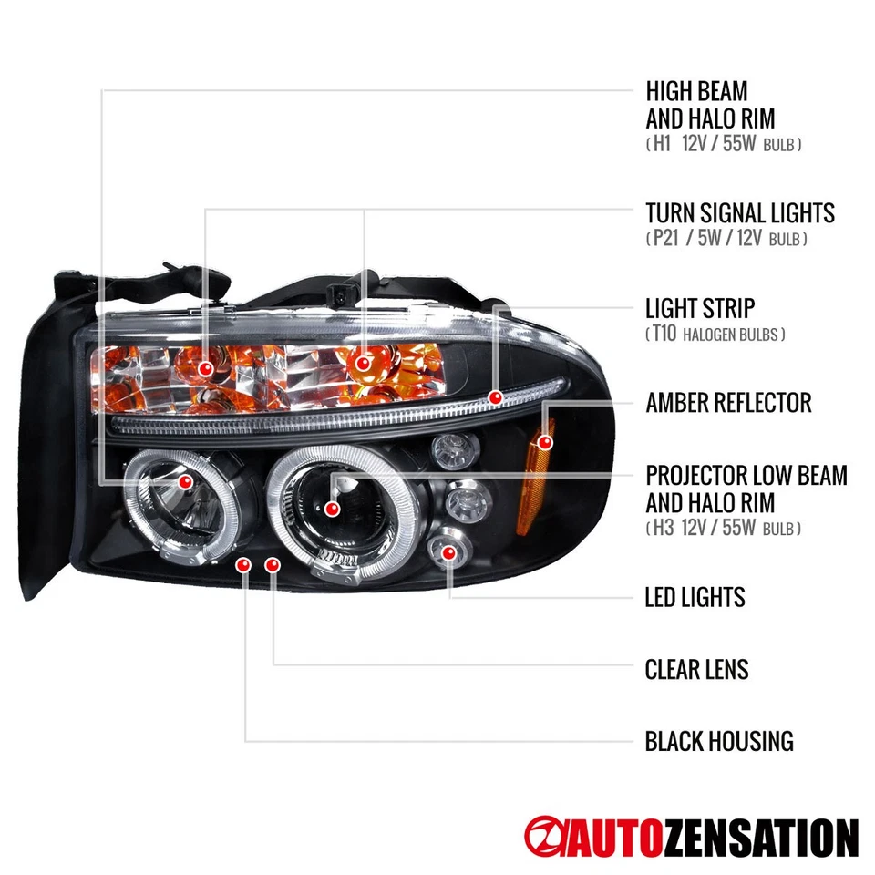 Fit 1997-2004 Dodge Dakota 1998-2003 Durango Black LED Halo Projector Headlights Foto 4 de 4