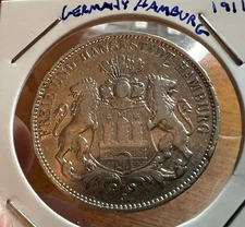1911  GERMANY HAMBURG SILVER  3 MARK  SCARCE COIN