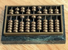 Vintage Miniature Brass Abacus On Green Stone Base Math School Desk Decor