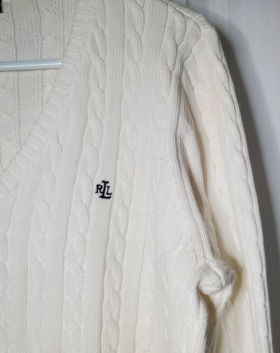 Vintage Polo Ralph Lauren Pullover mit Zopfmuster Large weiß V-Ausschnitt - Bild 12 von 15