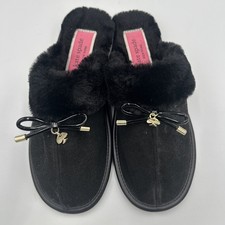 Kate Spade New York Lacey Black Faux Fur Leather Slippers Bow Tie Comfort Sz 6
