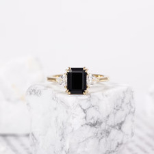 2.50Ct Emerald Lab Created Black Diamond 3 stone Engagement Ring 14K Gold Plated