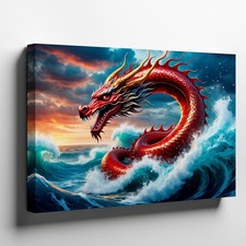 Maestoso Drago Rosso Bobine Attraverso Onde Oceaniche Turbolente, Le Sue Scale Wall Art