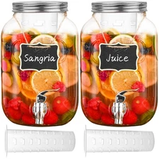 1 Gallon Glass Drink Dispenser Set with Fruit Infuser and Spigot, 2 Pack