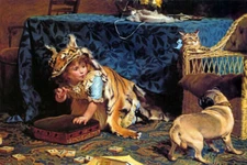 MONSTER TIGER GIRL DOG CAT PLAYING FUN PAINTING BY CHARLES BURTON BARBER REPRO