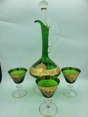MURANO VENETIAN GLASS DECANTER GREEN w GOLD Embossed GILT w Stopper 3 Glasses