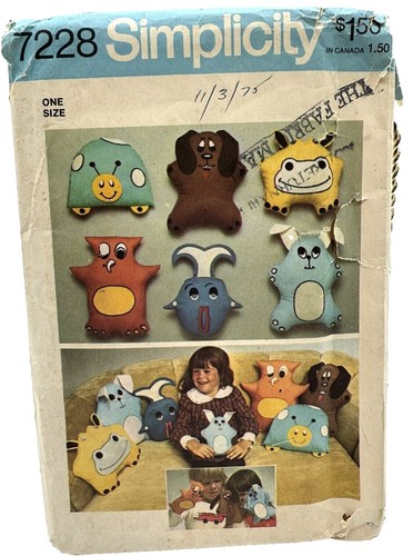 Vtg 70's Simplicity 7228 STUFFED PILLOW ANIMALS TOY Sewing