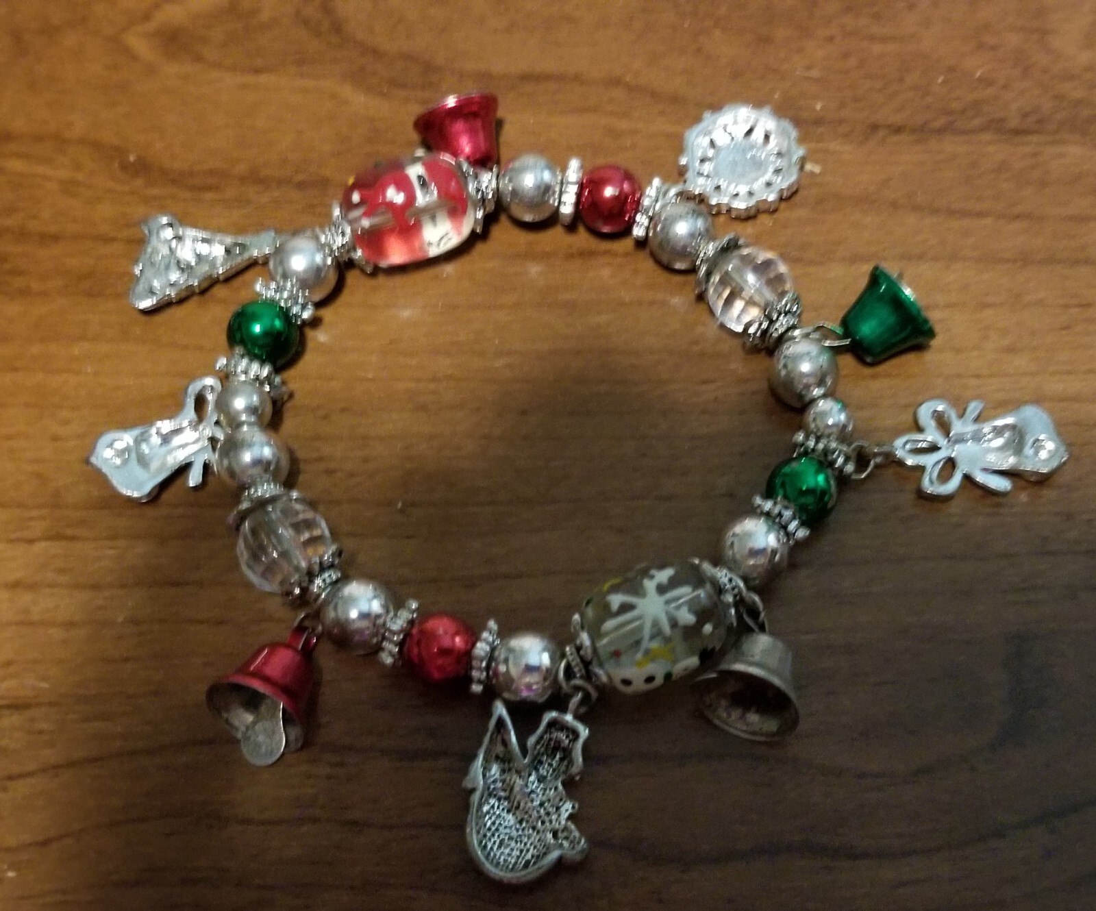 Christmas Stretch Bracelet with Glass and Metal Beads, Bells & Painted