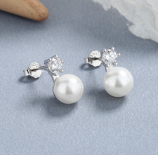 Women Girl S925 Sterling Silver Small White Pearl CZ Stud Earrings Gift PE2