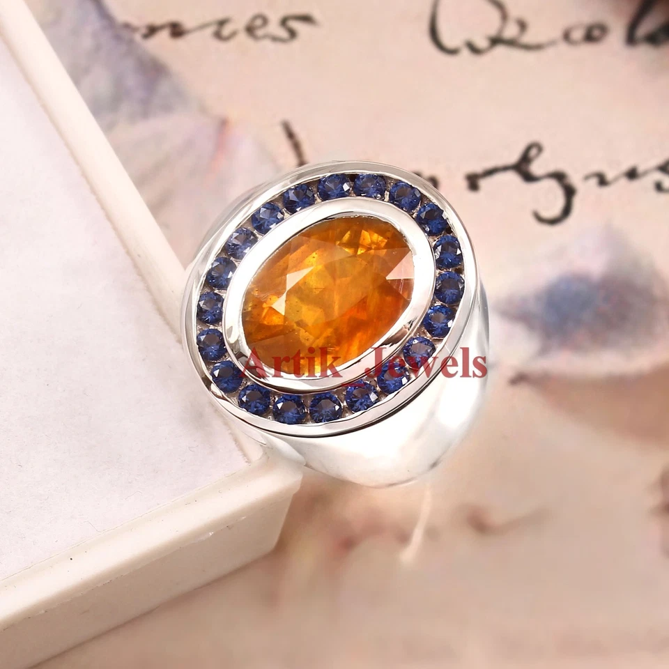 Beheizter Gelber Saphir Edelstein Mit 925 Sterlingsilber Ring Für Herren #1085 - Bild 2 von 4