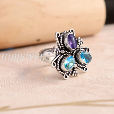 London Blue Topaz & Amethyst Gemstone 925 Sterling Silver Ring Spacial Jewelry