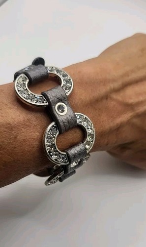 Premier Designs Starlet Silver Leather Bracelet Silver Tone Rhinstone Adjustable
