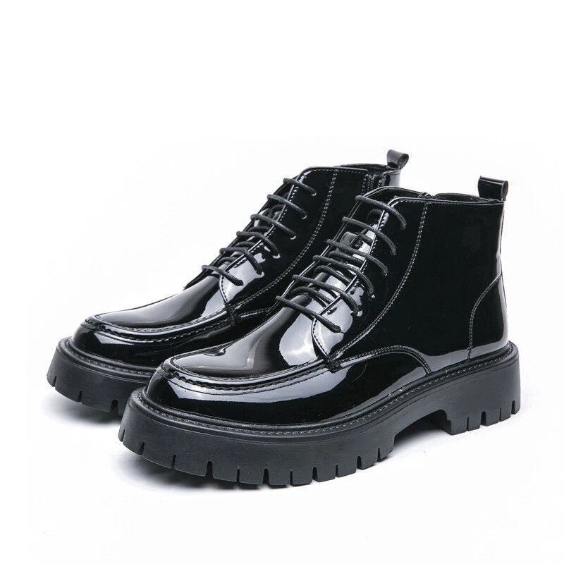 Mens Patent Leather Round Toe Pleatform Heels Lace Up Ankle Riding Boots Shoes - Image 3 of 4