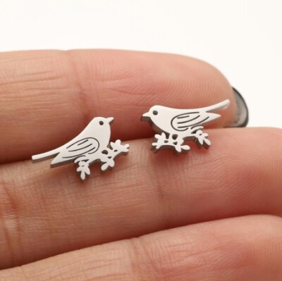 Titanium Silver/Gold Bird & Branch Leaf Stud Earrings