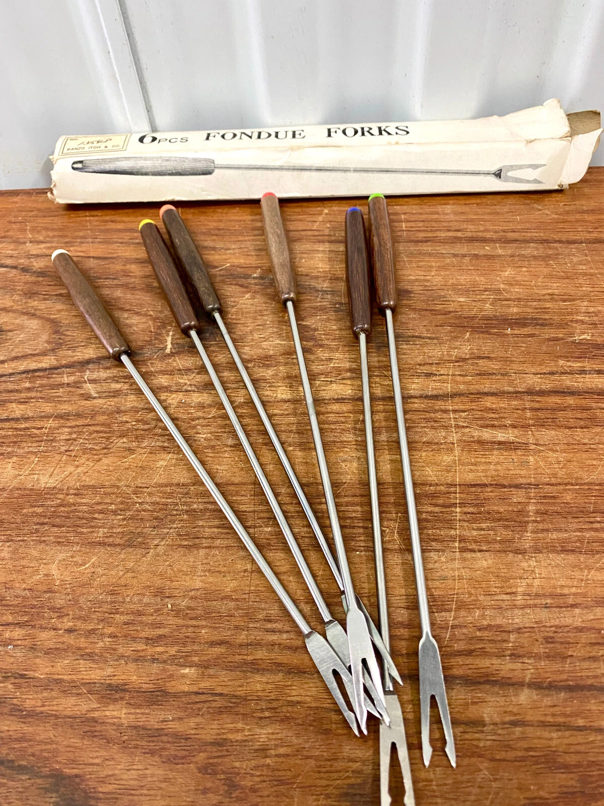 Set Of 6 Mid Century Vintage Wood Handle Fondue Forks Made In Japan