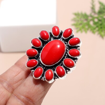 Red Coral Gemstone Handmade Jewelry 925 Sterling Silver Ring For Anniversary