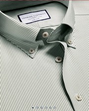 Charles Tyrwhitt Non-Iron Stretch Oxford Stripe Shirt Olive Sz: 16.5/34in Slim F