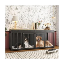 Extra Large Dog Crate with Double Rooms, 93" Heavy Duty Wooden Dog Cage Furni...