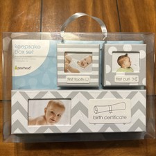 NEW Baby's Milestone Keepsake Box Set by Pearhead Blue-1st tooth/curl/birth Cert