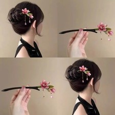 Lotus Blossom Hairpin with Flowing Tassel Vintage Chinese Hair Pins for Buns