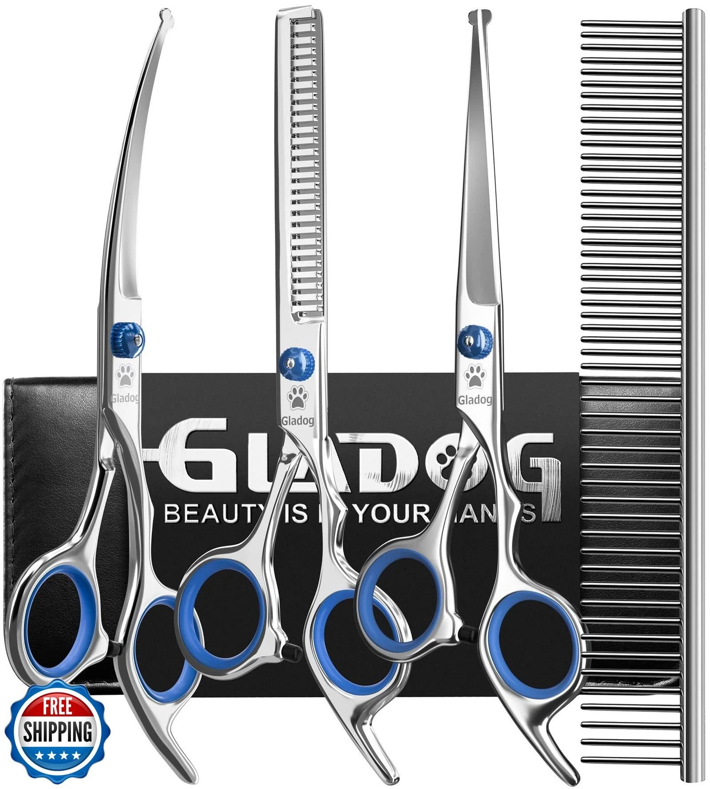 GLADOG Professional 5 in 1 Dog Grooming Scissors Set with Safety Round Tips,