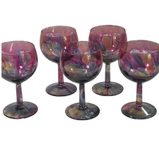 Vintage Reuven Colorful Glass Goblet Iridescent Wine Glass Set of 5 Art Norveau
