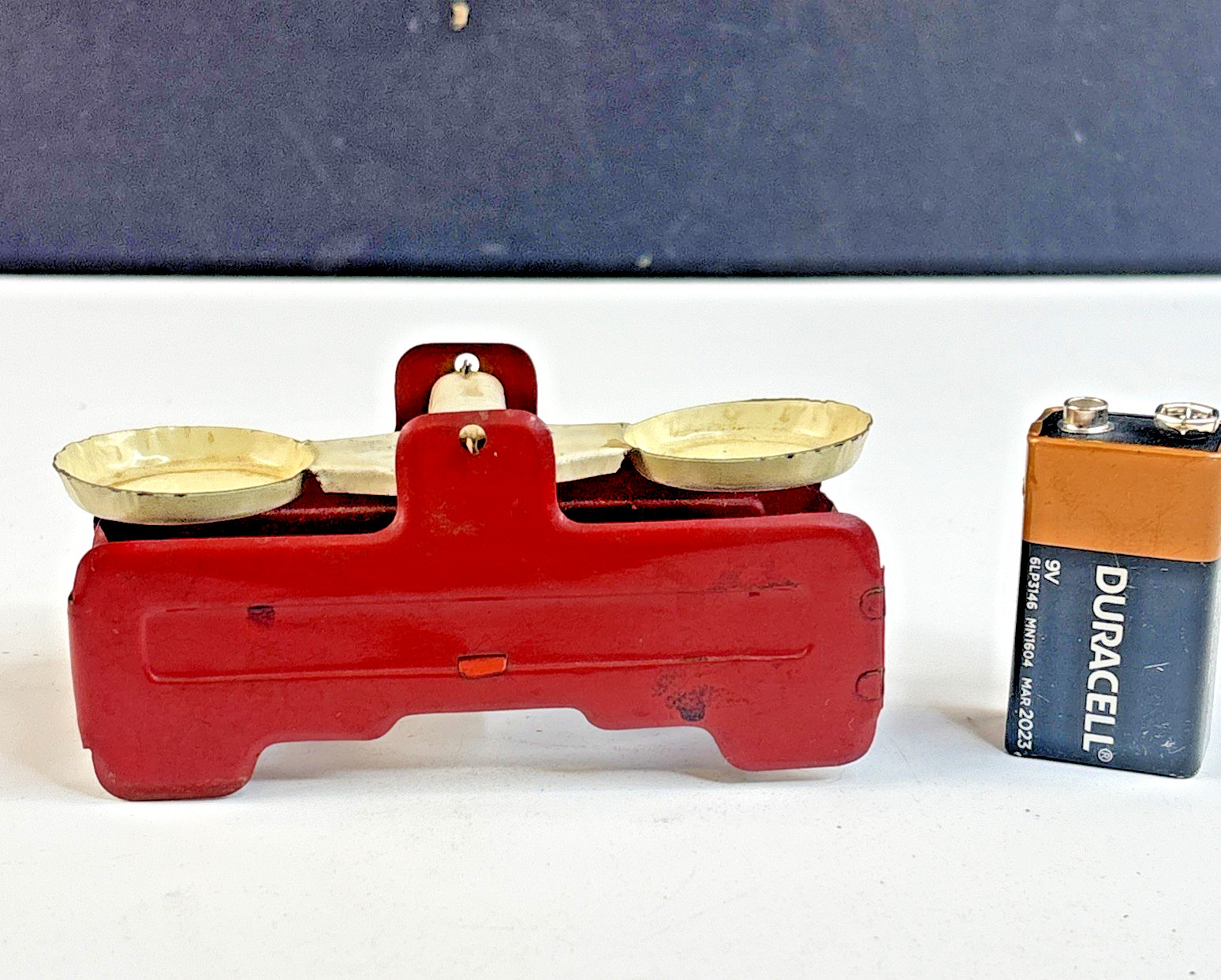 Vintage 1950's Tin Toy Balance Scale Miniature Red & White